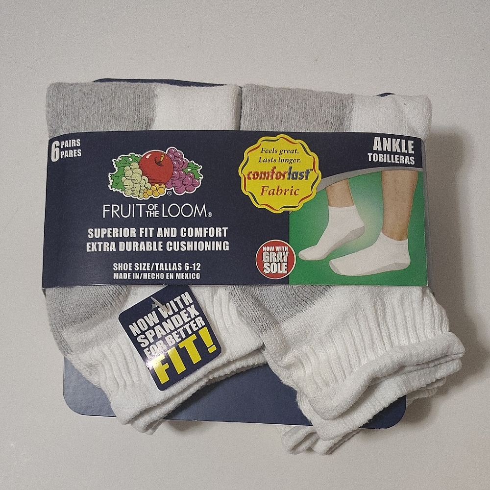 Fruit of the Loom Men's Athletic Gray and White Ankle Socks Size 6-12